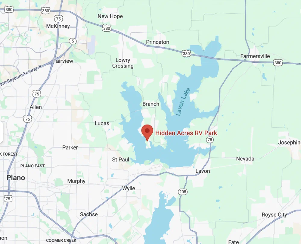 Map showing Hidden Acres RV Park in Princeton, TX